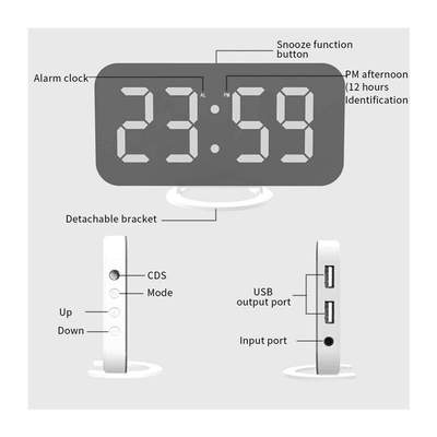 LED Alm Clock Dual USB Output Snooze Mirror Clock Digital