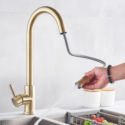 Brushed Gold Pull Out Spout Kitchen Sink Faucet 360 Rotation