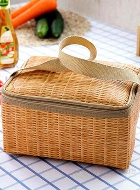 Portable Lunch Bag Wicker Rattan Outdoor Waterproof Insulate