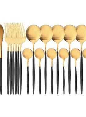 24Pcs Gold Dinnerware Set Matte Black Knife Fork Spoon