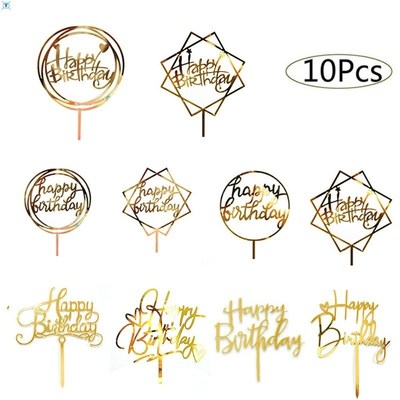 10pcs Happy Birthday Cake Topper Acrylic Gold Cake Toppers