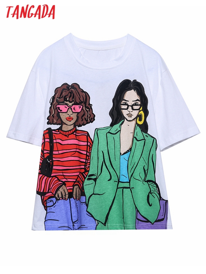 Tangada 2022 Summer Women Girl Print Cotton T Shirt Oversize