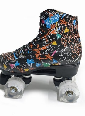 Print White Black Microfiber Roller Skates Double Row 4 Whee