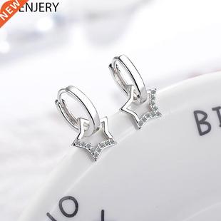 ANENJERY Silver Color Simple Zircon Hollow Star Pendant Hoop