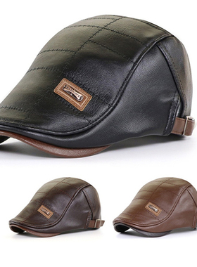 Men Beret Hat Leather Flat Cap Warm Autumn Winter Male  Adju