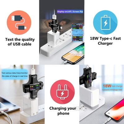USB C Tester,2 in 1 Type C USB Tester Color Screen IPS Digit