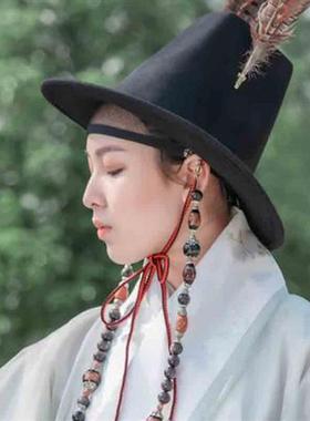 Ancient Hanfu Hat Mens Beaded Feather Hat Flat Top Eaves Ha