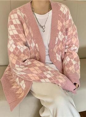 Ladies Cardigans Long Sleeve Knitted Argyle Sweater Women Ko