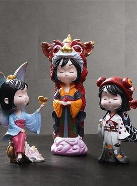 New Chinese cute girl resin sculpture creative living room