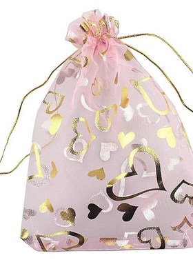 100 PCS 9X12cm Heart Printed Pink Organza Bags Jewelry Pouch