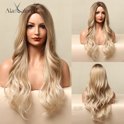 Long Wavy Synthetic Wig Ombre Black Copper Red  Brown Highli