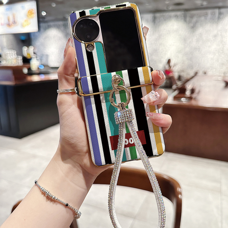 简约条纹英文荔枝纹折叠屏手机壳