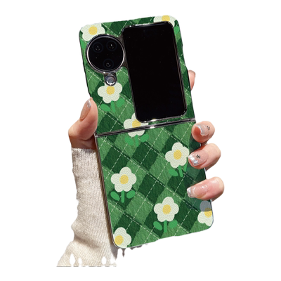 法式粉色叶子荔枝纹折叠屏手机壳