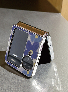 时尚蓝色油画花朵适用oppofindN3flip手机壳N2折叠屏华为pocket2女vivoxflip荔枝皮纹三星zflip6荣耀小米mix