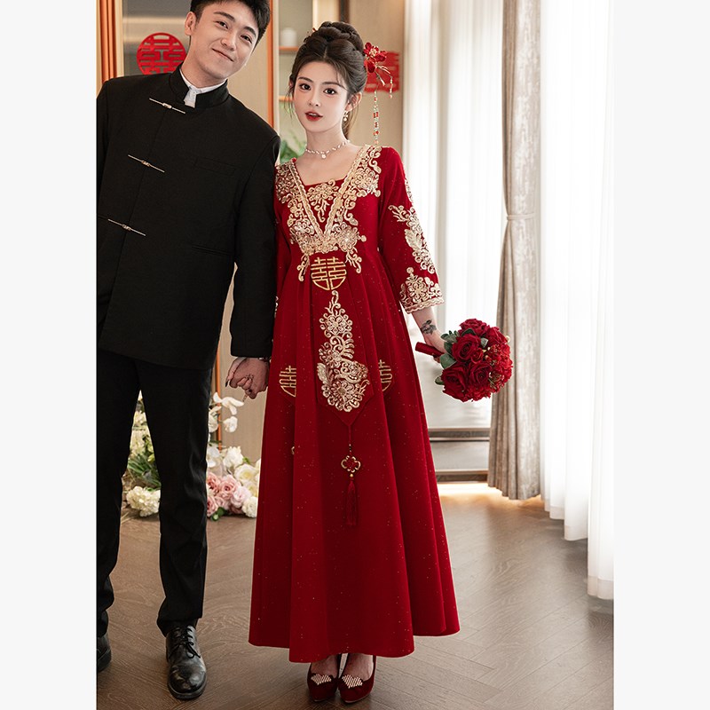 现货速发大码敬酒服孕妇遮肚订婚出阁宴礼服中式新娘秀禾服婚服披