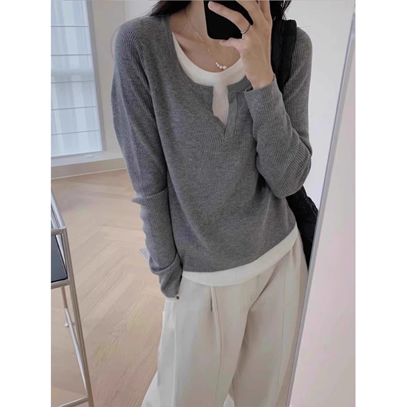 现货速发大码秋冬正肩假两件v领内搭打底衫爆款毛衣针织衫上衣