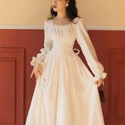 速发法式白色连衣裙登记订证小白裙轻纱婚宫廷风领婚小礼服高级感