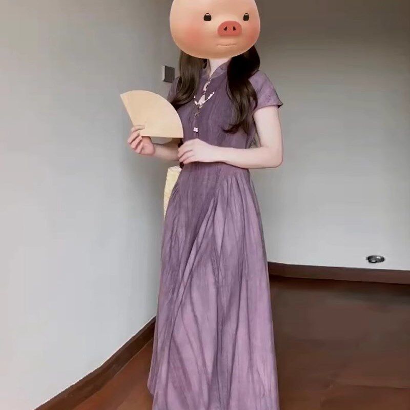 现货速发新中式国风紫色镂空收腰a字连衣裙清冷感改良旗袍温柔风
