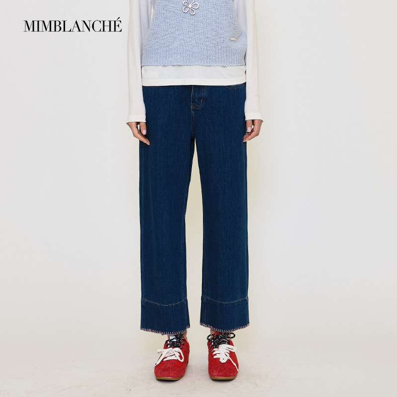 MIMBLANCHE25口袋蕾丝标直筒绣线蓝色牛仔弹力九分裤女,女装/女士精品,牛仔裤,淘宝优惠券,粉丝福利购,淘宝优惠卷