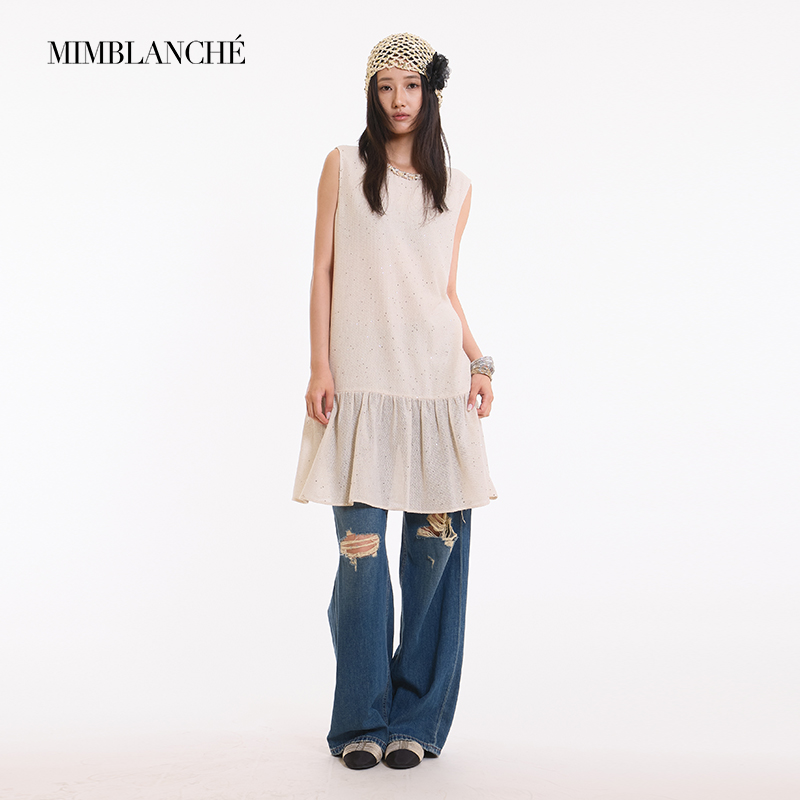 MIMBLANCHE25早秋领口立体手工钉珠亮片无袖圆领拼接叠穿连衣裙女