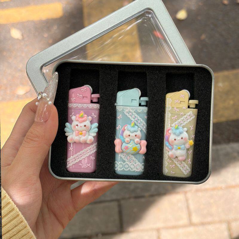 可爱独角兽彩红小马蕾丝可爱短款砂轮明火打火机手作成品送人礼