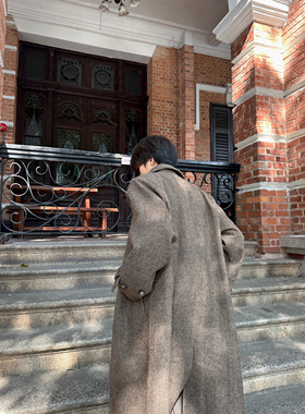 ASCA 秋冬高级感鱼骨纹混纺保暖毛呢长款垫肩加厚外套大衣