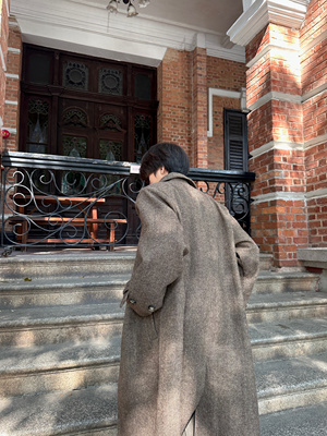 ASCA 秋冬高级感鱼骨纹混纺保暖毛呢长款垫肩加厚外套大衣