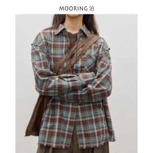 MOORING泊?美式 復古生切毛邊格紋襯衫
