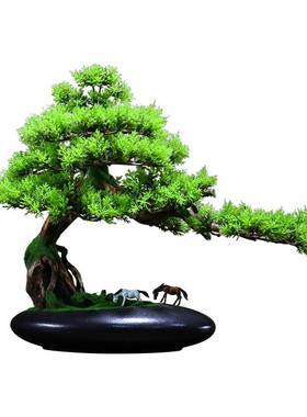 新中式迎客松摆件玄关边柜子装饰品办公室根雕造景茶台创意禅绿植