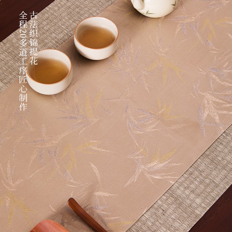 现货速发新中式粉色茶席长条布艺桌旗禅意竹子防水垫茶桌垫布茶几