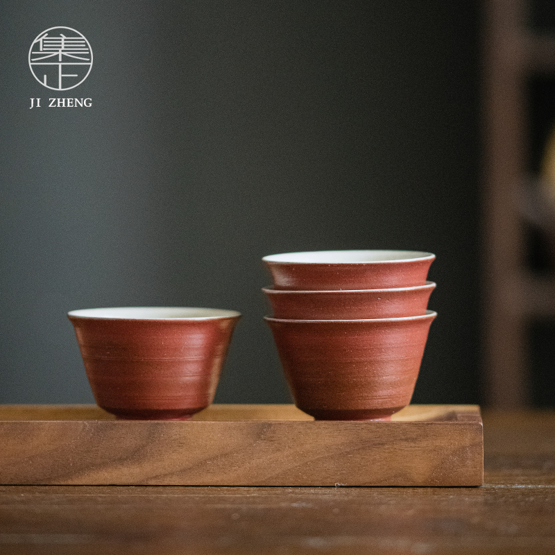 现货速发集正 粗陶粉引茶杯单杯 功夫茶具品茗杯家用陶瓷客人杯茶