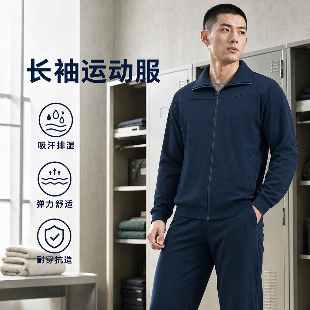 新款长袖运动训练服套装男春秋户外速干透气藏蓝健身外套拉链长裤