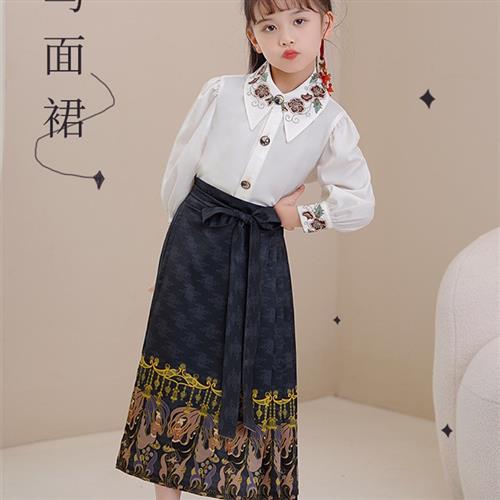 新汉服女明童马面裙新款儿改良制马童面裙套装小女孩古装半身裙