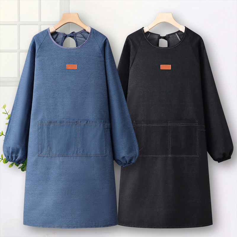 长袖牛仔布围裙定制logo印字罩衣