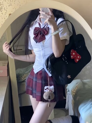 jk制服收腰短袖衬衫白色上衣女学院风修身显瘦衬衣辣妹狗短格裙夏