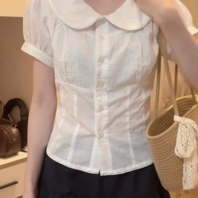 学院风白色娃娃领衬衫女设计感polo领收腰衬衣修身短款短袖上衣夏