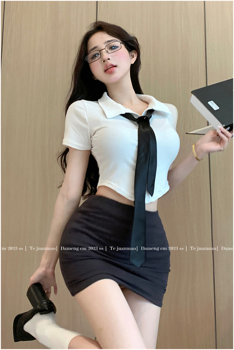 纯欲风修身短款白衬衫女短袖性感辣妹弹力上衣包臀裙套装OL制服夏