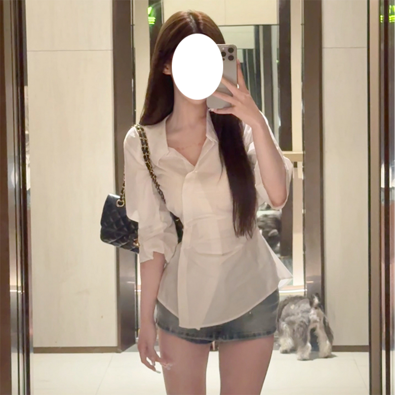 纯欲风不规则白色polo领衬衫女设计感小众气质收腰显瘦上衣新款夏