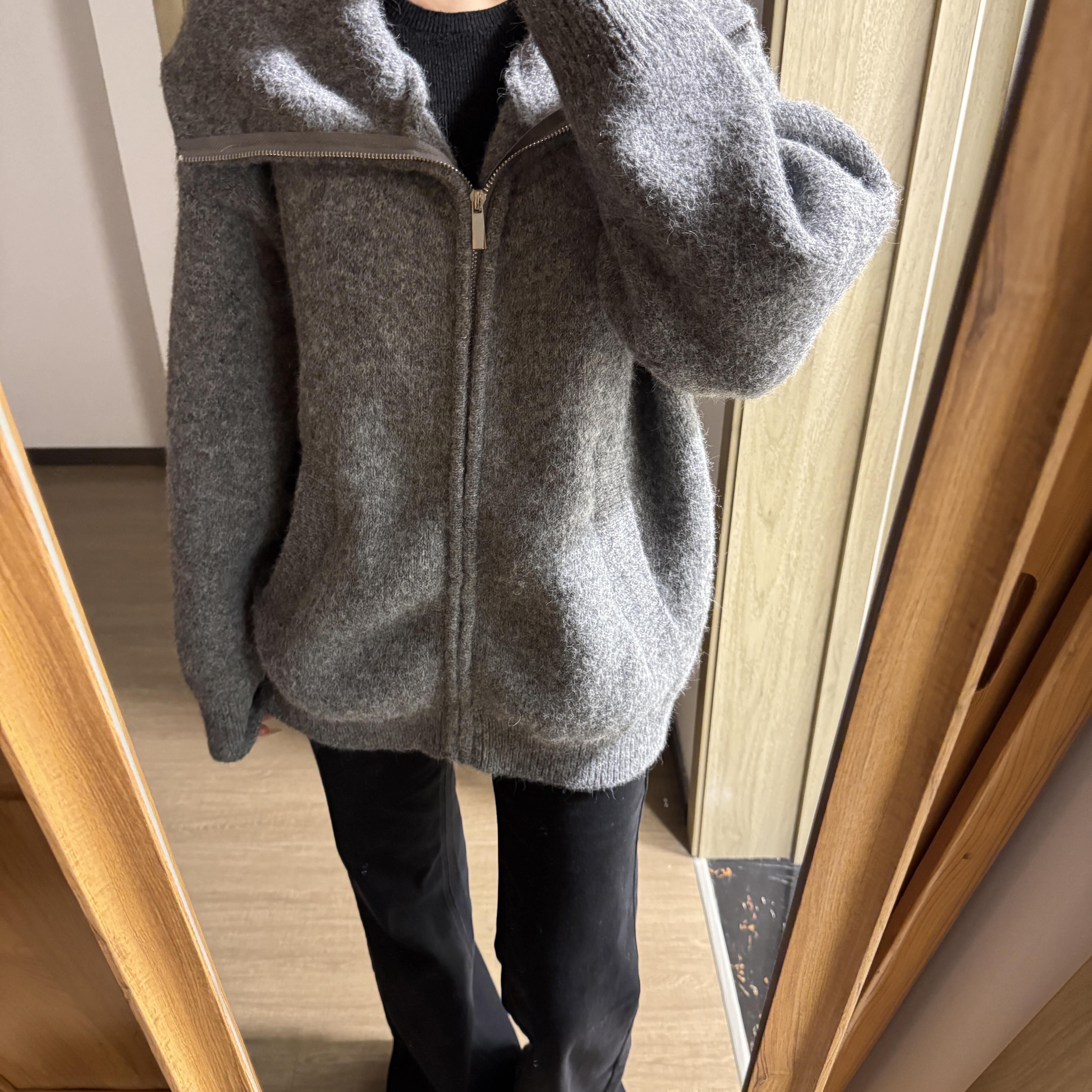 韩系百搭宽松针织连帽开衫灰色上衣学院风慵懒高级毛毛衣外套女秋