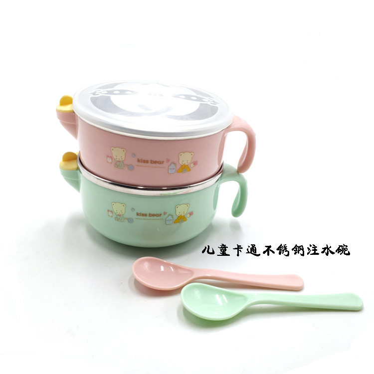 带盖不锈钢儿童碗筷餐具注水保温辅食碗耐摔宝宝家用婴儿小碗