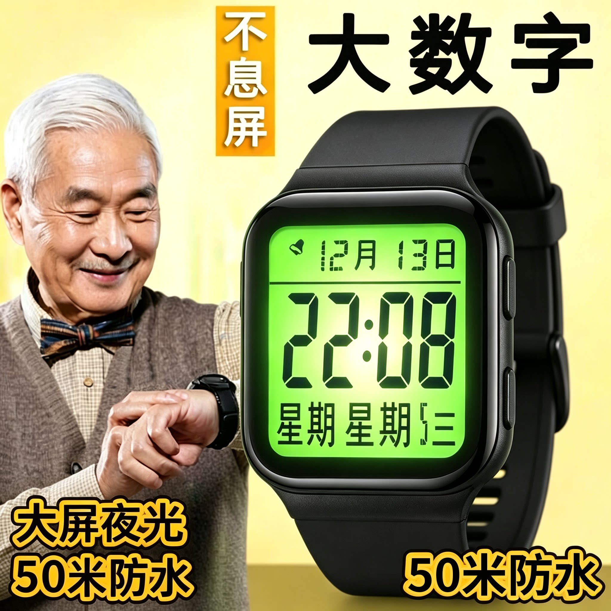 中老年爸爸腕表男女中文表数字显示电子手表大数字夜光防水运动表