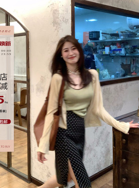 Echoone Hearty dots 黑白波点前侧开衩半身裙子女时髦复古包臀裙