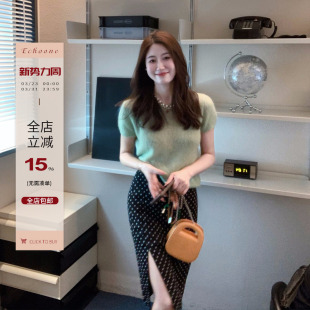 上衣女春夏温柔甜美气质纯色圆领套头T 马海毛短袖 Echoone 香软软