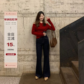 超模牛仔 微喇叭腿深蓝色显瘦高挑牛仔裤 女韩版 Echoone 百搭长裤