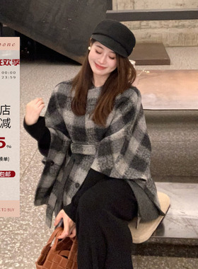 Echoone 奥法庄园 格纹斗篷羊毛大衣经典百搭设计感腰带收腰外套