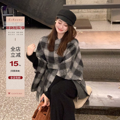 Echoone格纹斗篷大衣外套
