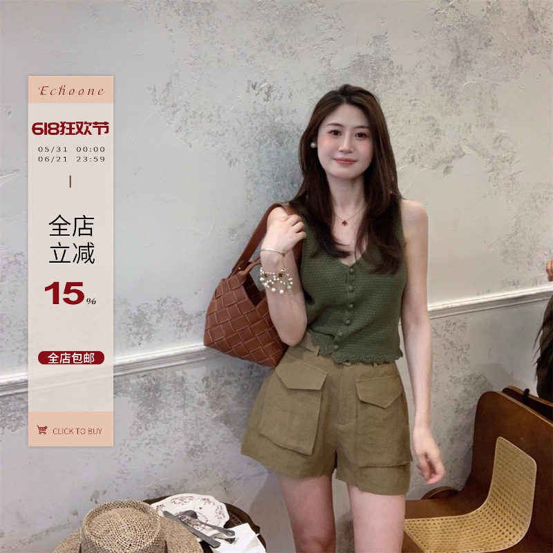 Echoone  恋恋夏日 钩花马甲背心女夏简约时尚短款单排扣无袖上衣
