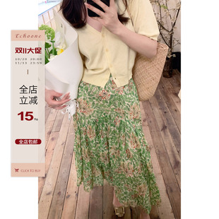 Echoone 再见lewes 100苎麻印花半身裙田园浪漫风情小清新中长裙