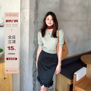 中袖 milkshake羊绒灯笼袖 小毛衣女温婉气质针织上衣 Blue Echoone