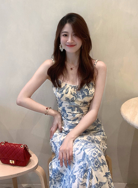 Echoone Midsummer 水墨印花设计感度假风鱼尾吊带连衣裙气质长裙